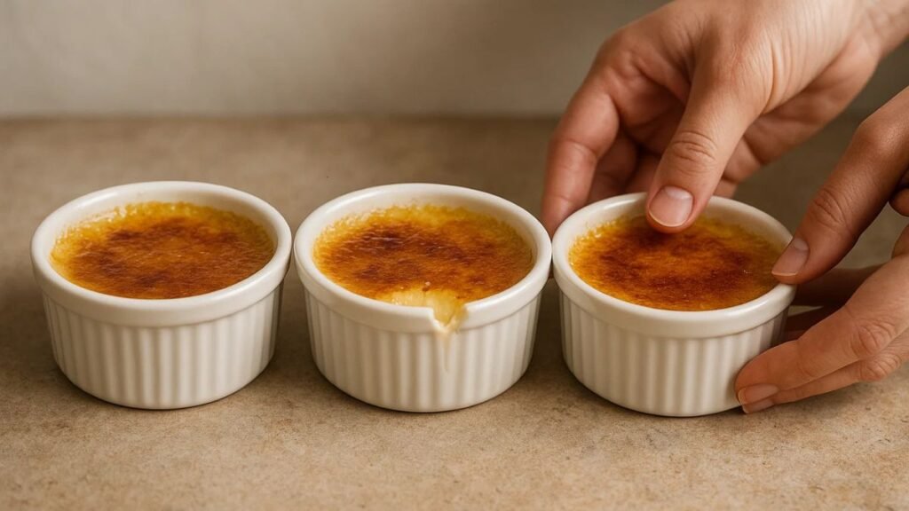 Ramekins of duck-egg custard with caramelized tops, one opened to show silky interior.