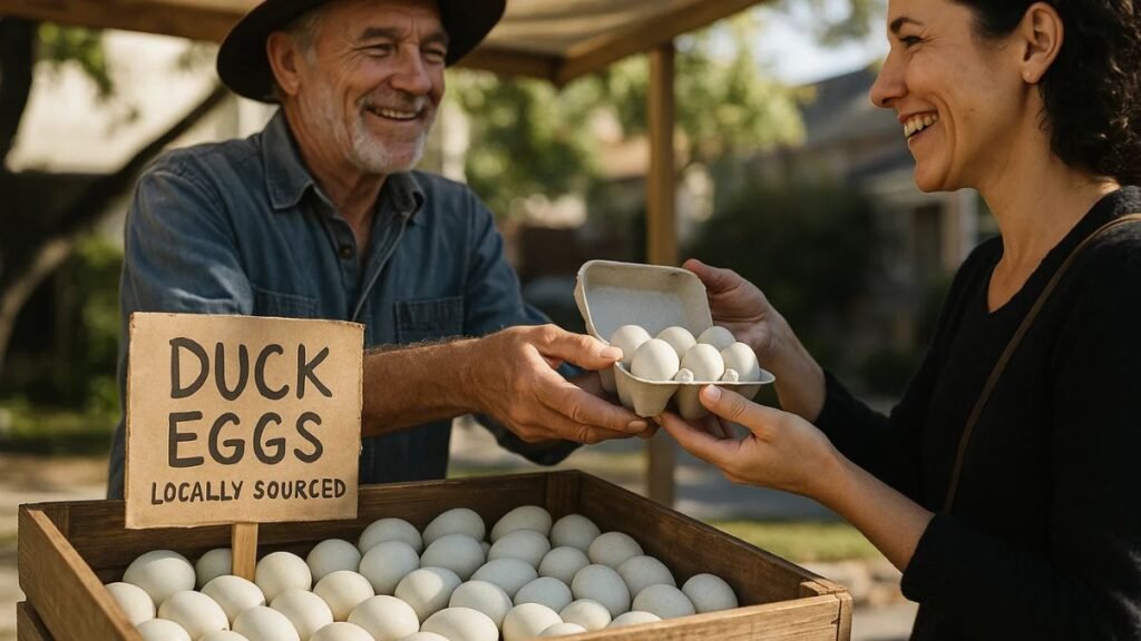 Farmer handing a carton of fresh duck eggs to a customer at a market stall.