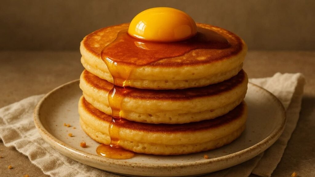 Ladle pouring pancake batter onto a hot griddle for duck egg pancakes.
