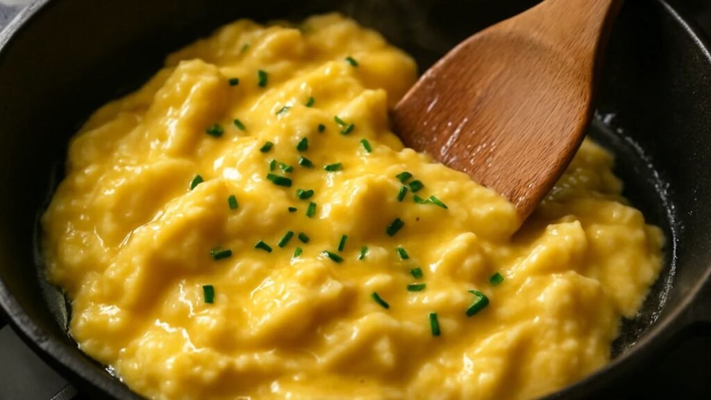 Soft creamy scrambled duck eggs in a skillet with chives and a wooden spatula