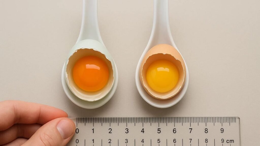 Side-by-side cracked duck egg and chicken egg showing larger, deeper yolk of duck egg.