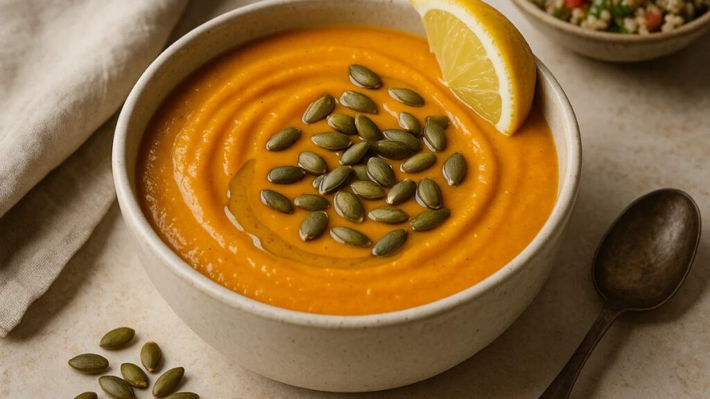 Bowl of high-protein vegan soup topped with pumpkin seeds and a lemon wedge