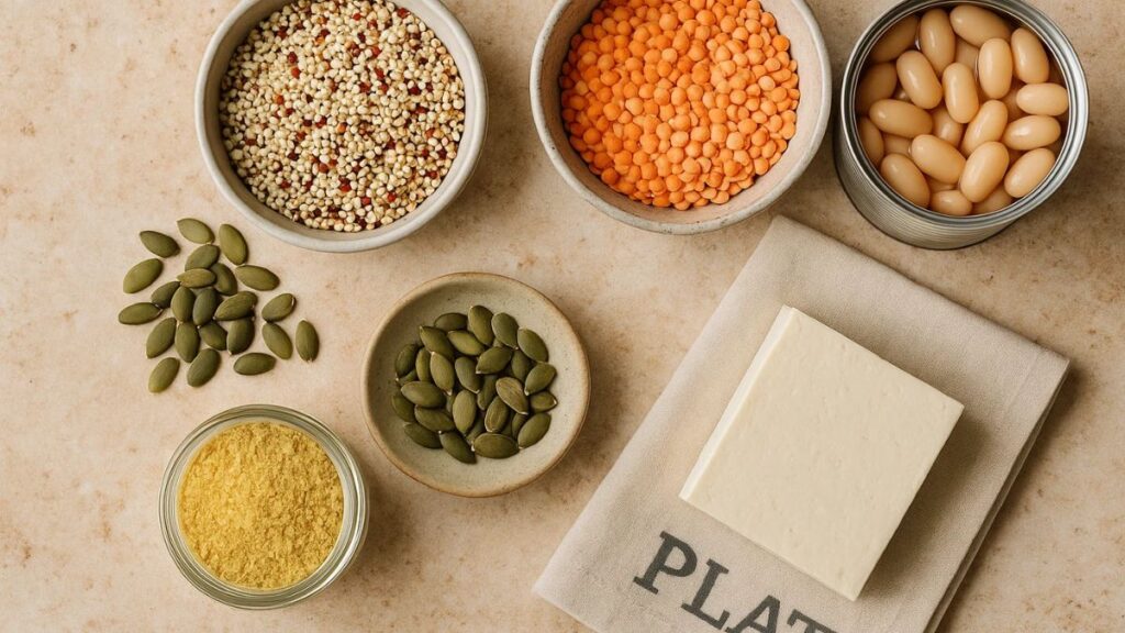 Flat-lay of quinoa, lentils, white beans, pumpkin seeds and tofu — protein building blocks