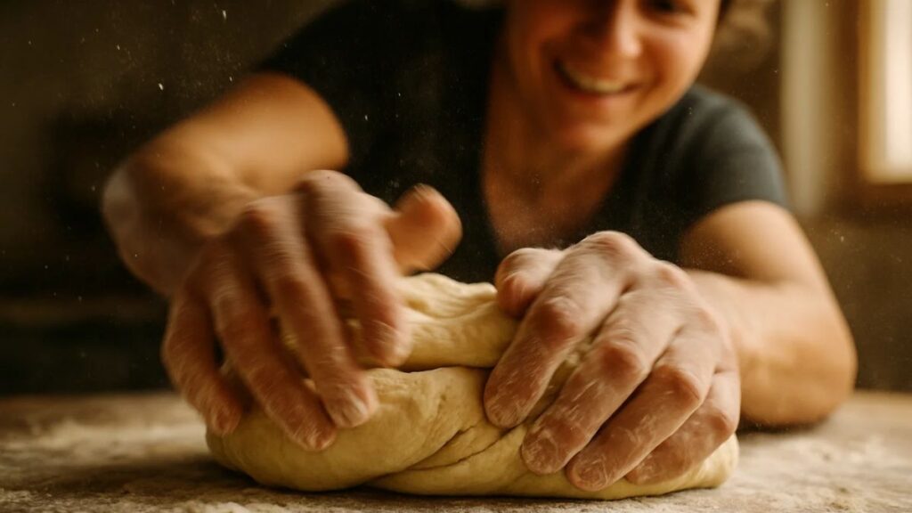 “Two hands kneading Pan de Muerto dough on a floured wooden counter.”