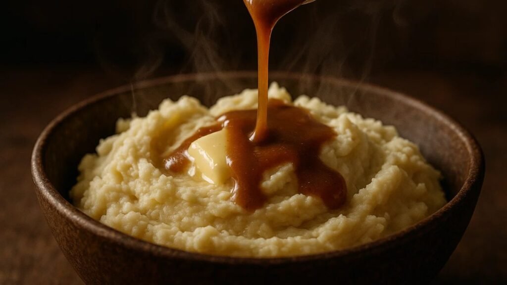 Close-up of mashed potatoes with gravy being poured, showing texture and steam