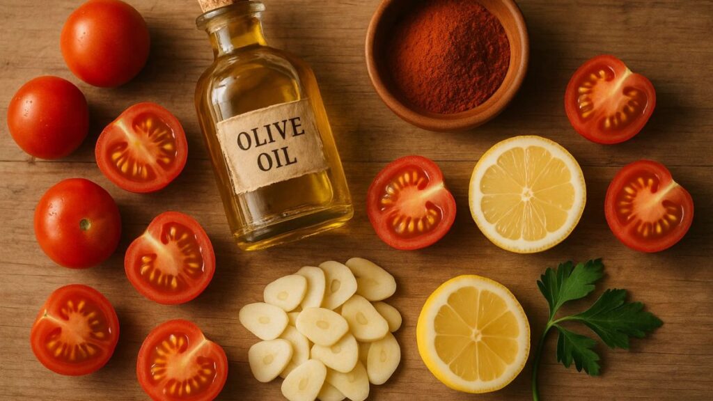 olive oil, tomatoes, garlic, smoked paprika and parsley