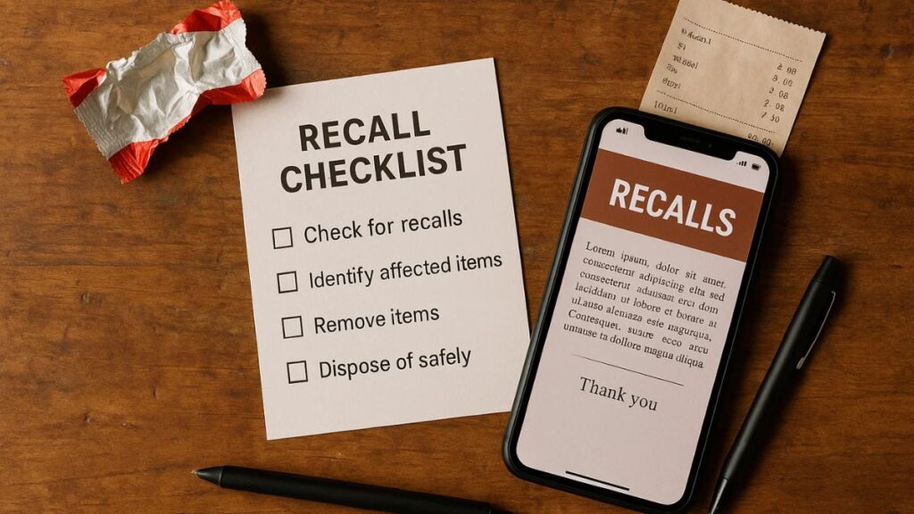 Flat-lay of recall checklist, candy wrapper, receipt, and phone showing recall page