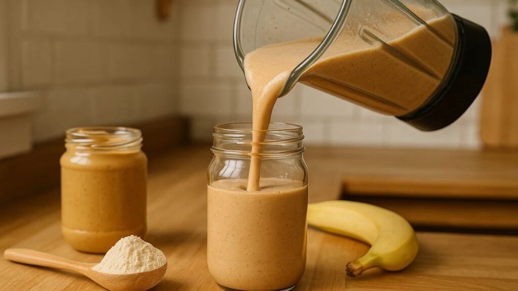 Pouring a peanut-butter protein smoothie from a blender into a jar.
