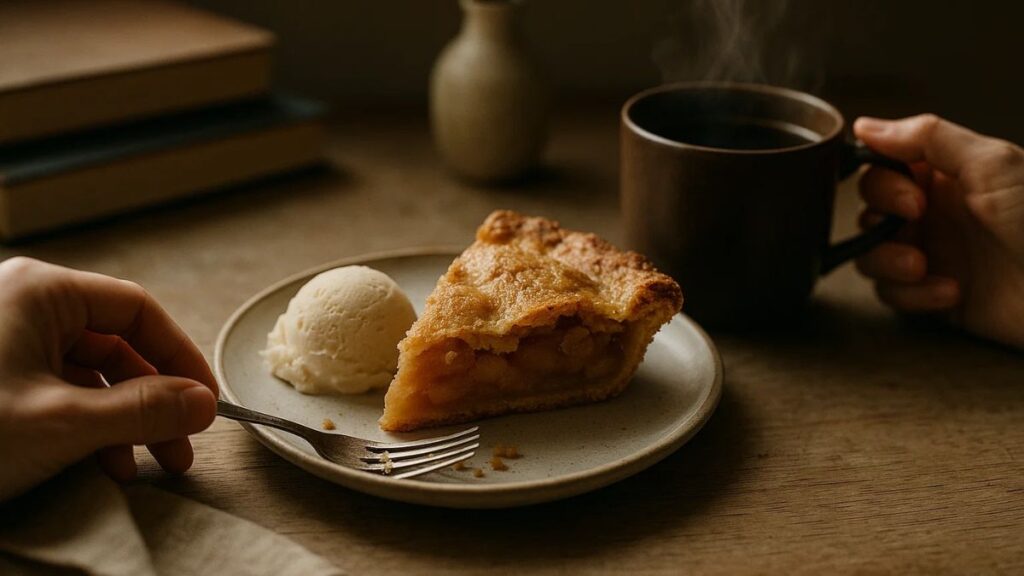 Plate with a slice of apple cake and a scoop of vanilla ice cream next to a cup of coffee.