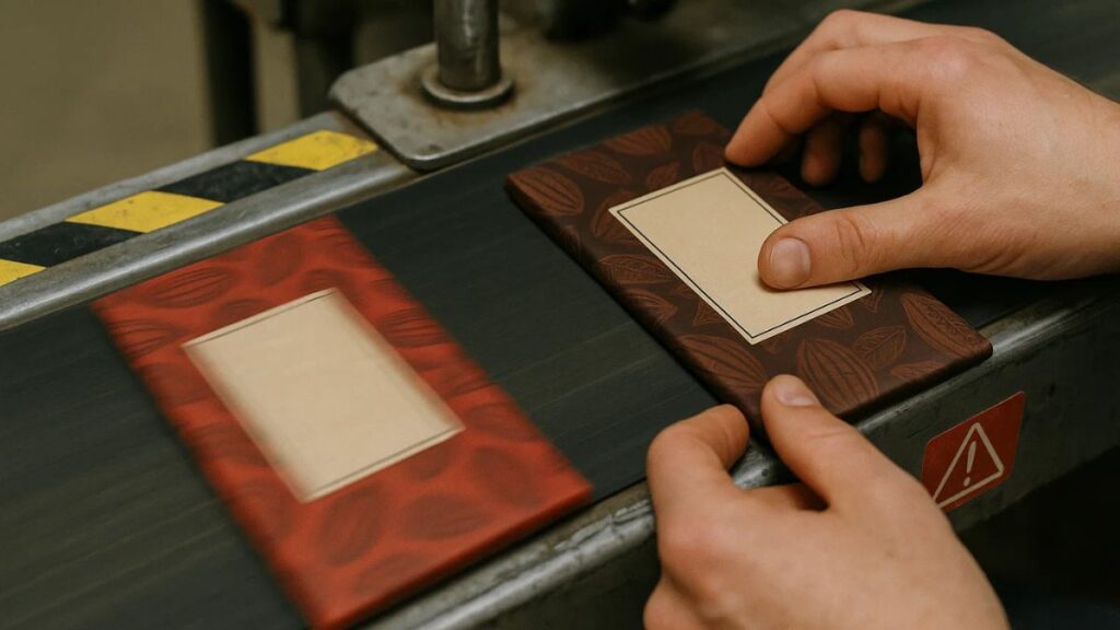 Conveyor belt with candy wrappers and a worker’s hands adjusting labels