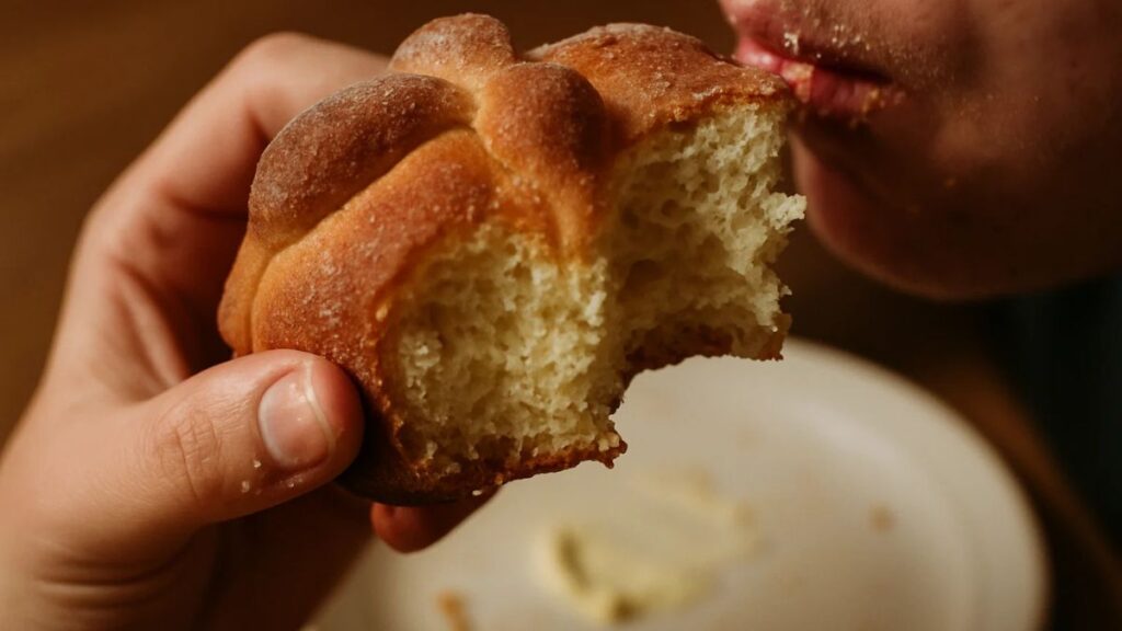 Hand holding a bitten slice of Pan de Muerto showing soft crumb and sugar coating.