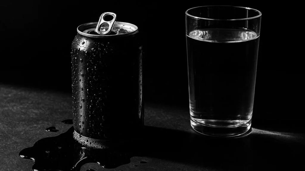 sugary soda spilled beside a glass of plain water — drinks to avoid on carnivore