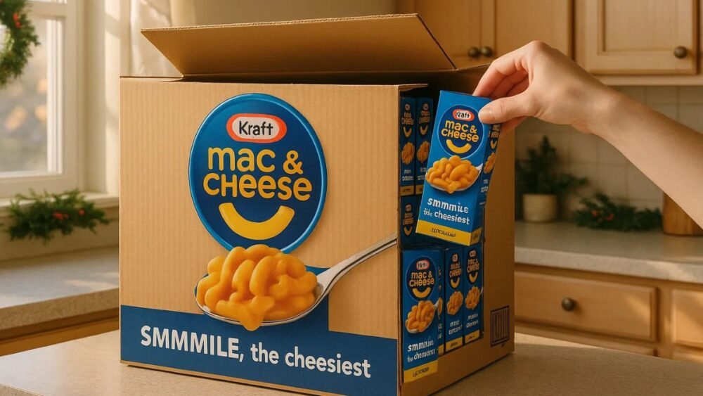 “65-Inch Mac and Cheese box on kitchen counter with individual boxes inside, holiday-themed setting”