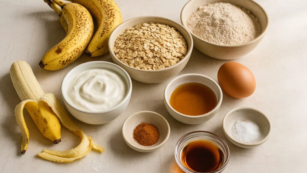 "All ingredients for banana oatmeal muffins arranged on a wooden countertop, ready for baking."