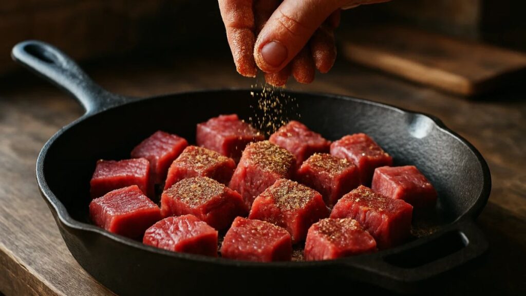 “Beef cubes being seasoned with homemade spice blend before searing for stew.”