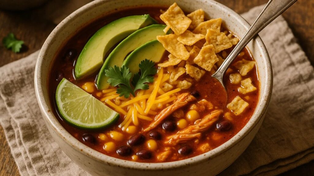 “Bowl of chicken taco soup topped with cheese, avocado, cilantro, lime, and tortilla chips.”