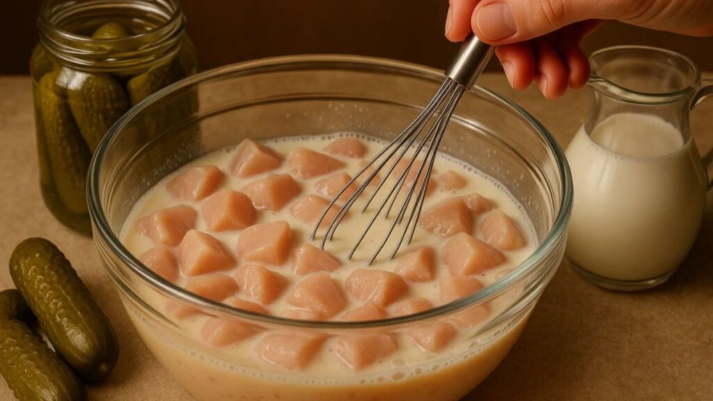 “Chicken pieces marinating in a bowl of pickle juice and milk with dill pickles in the background.”