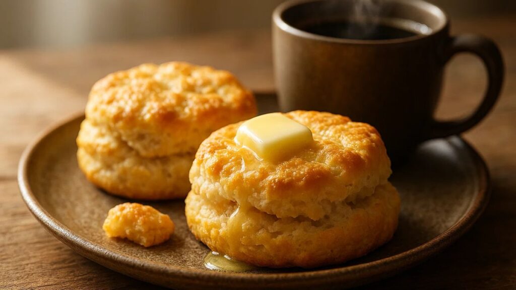 “Close-up of Hardee’s biscuits with butter and a cup of coffee”
