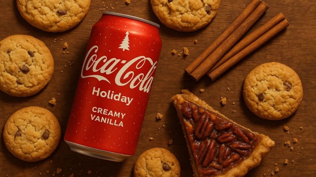 “Coca-Cola Holiday Creamy Vanilla can beside cookies and pie on a wooden table.”