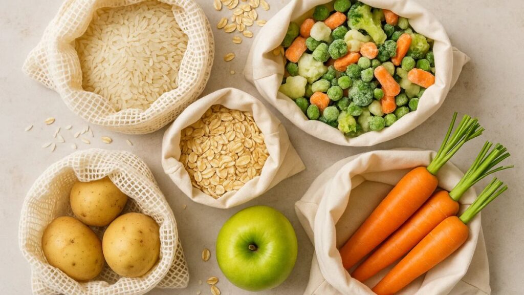 “Cost-effective high-calorie meal prep ingredients including rice, oats, and fresh vegetables.”