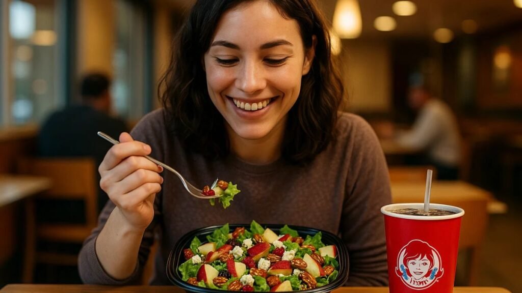 “Customer enjoying Wendy’s Apple Pecan Salad in a Wendy’s restaurant”