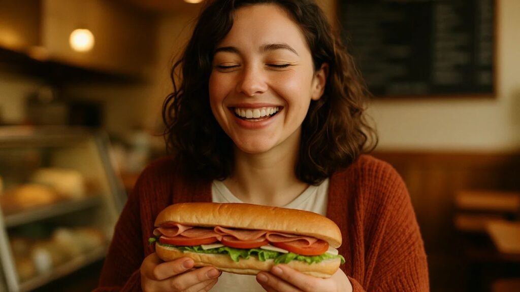 “Customer enjoying a sandwich at a local deli during National Sandwich Day.”