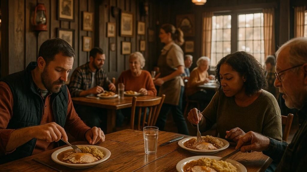 “Families dining inside a sit-down restaurant on Thanksgiving Day.”