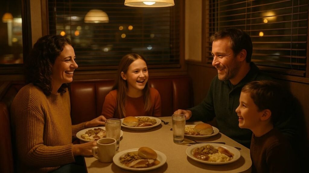 “Family enjoying a relaxed Thanksgiving meal at a restaurant.”