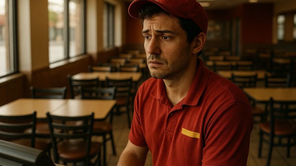 “Fast-food worker observing an empty restaurant during chain closures.”