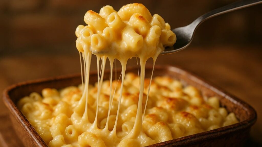 “Fork lifting cheesy three-cheese macaroni with gooey cheese pull from a homemade casserole.”