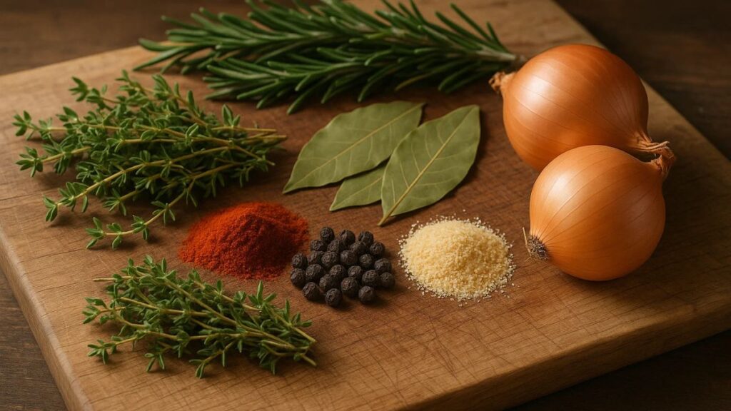 Fresh and dried herbs and spices for homemade beef stew seasoning laid out on a wooden board.