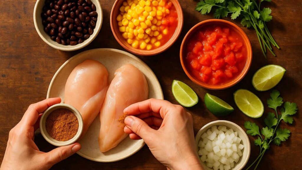 “Fresh ingredients for chicken taco soup laid out on a wooden countertop, including chicken, beans, corn, tomatoes, onions, and spices.”
