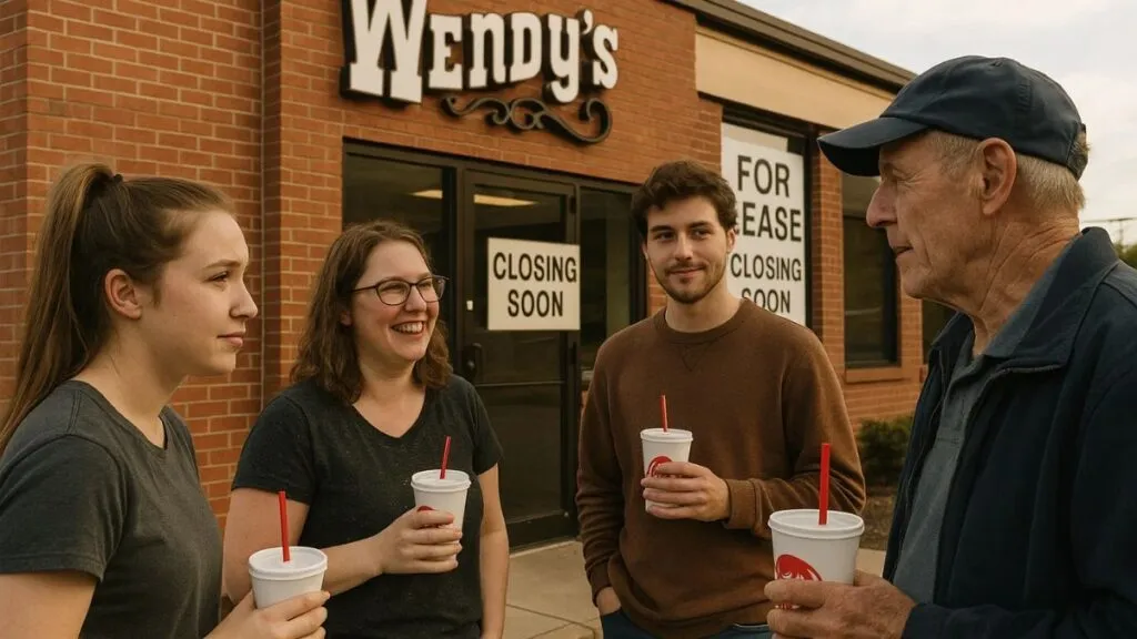 Group of people outside a closing Wendy’s restaurant