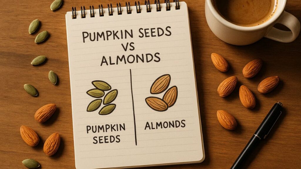 “Handwritten nutrition comparison between pumpkin seeds and almonds on a dietitian’s notepad.”