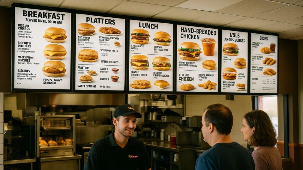 “Hardee’s restaurant menu board switching from breakfast to lunch options”
