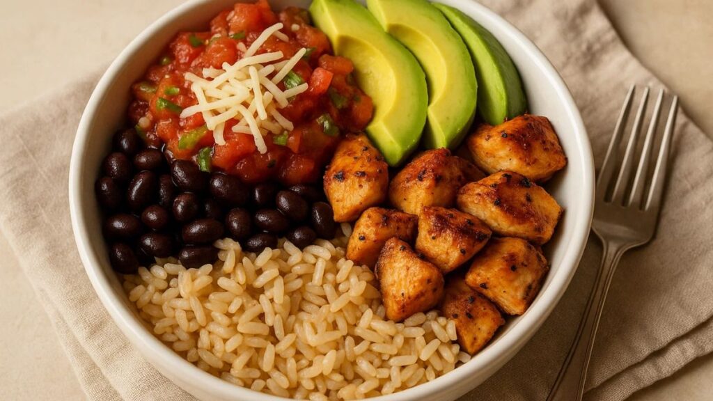 “Healthy, high-calorie burrito bowl with chicken, black beans, avocado, and rice, ready for meal prep.”