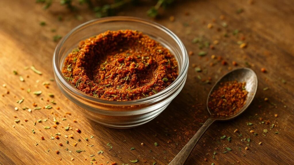 “Homemade beef stew seasoning mix in a small bowl with scattered herbs and spices.”