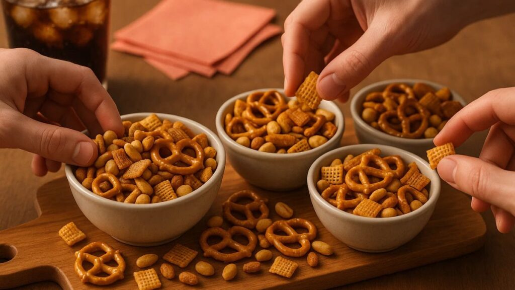 “Homemade crunchy ranch snack mix served in bowls for parties or movie nights”