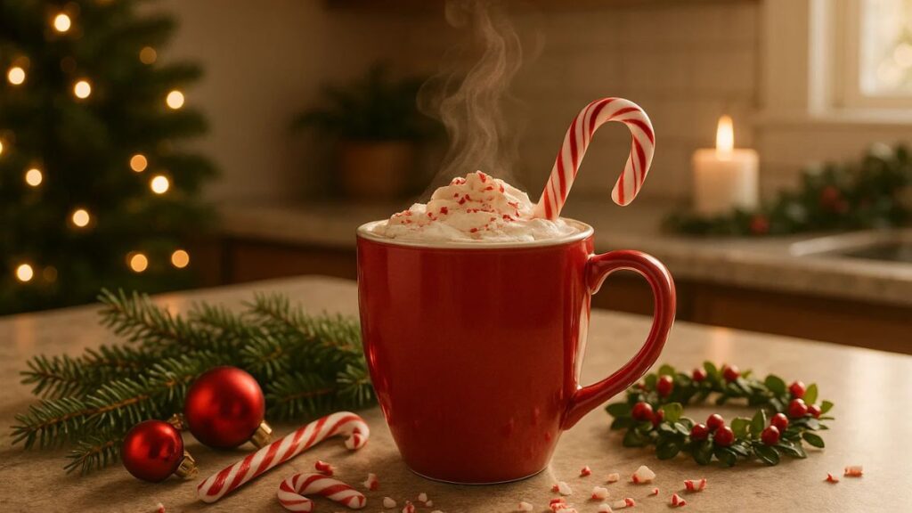 Homemade peppermint latte served in a festive red cup with holiday decorations at home.