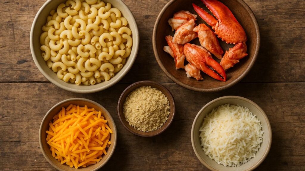 “Ingredients for Costco Lobster Mac and Cheese laid out on kitchen counter.”