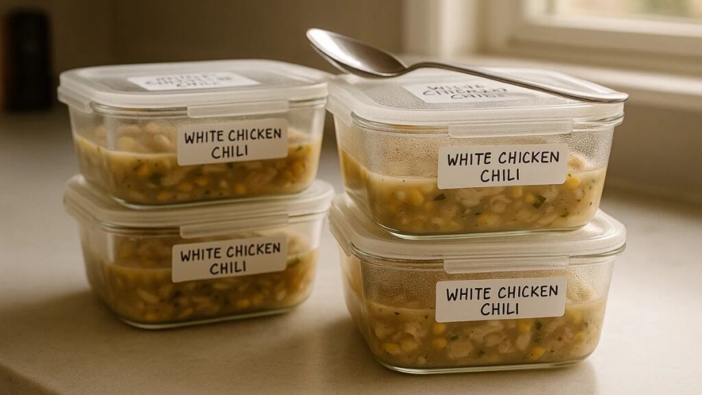 Meal prep containers filled with white chicken chili