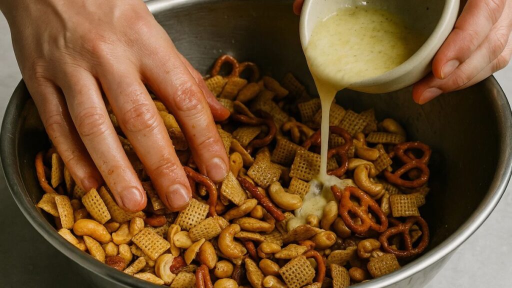 “Mixing pretzels, Chex cereal, nuts, and ranch seasoning with melted butter for homemade snack mix”