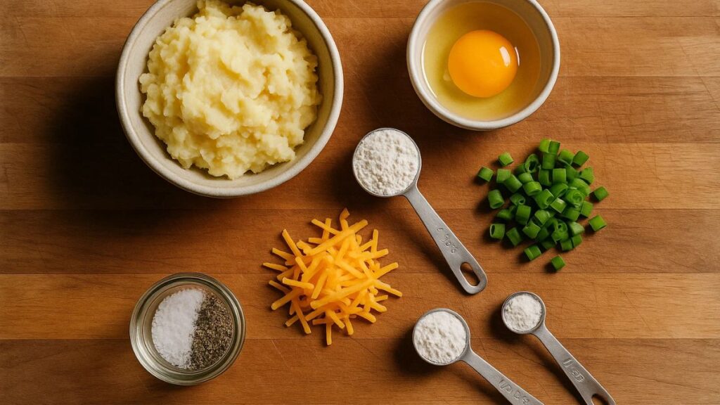 Overhead flat-lay of ingredients for fried mashed potatoes: mashed potatoes, egg, flour, cheese, scallions.