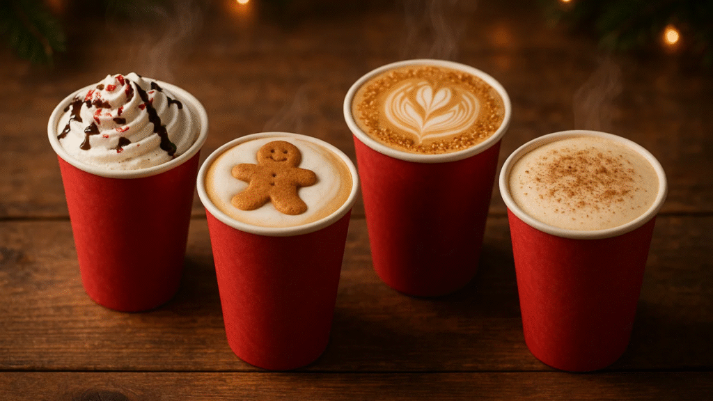 “Peppermint mocha, gingerbread latte, caramel brulée latte, and eggnog latte served in festive red cups.”