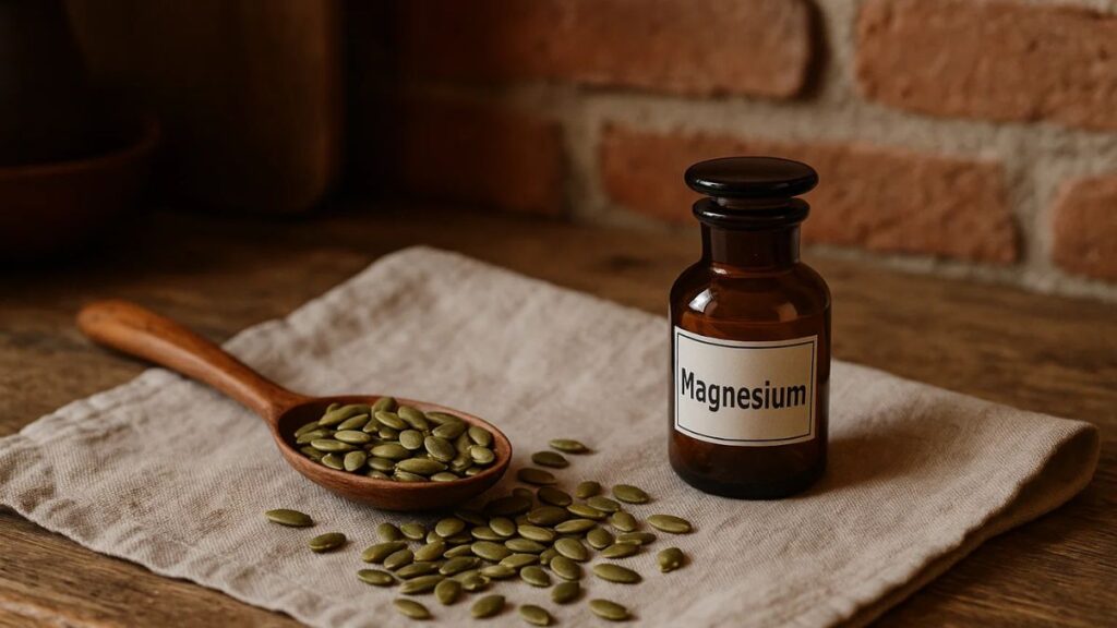 “Pumpkin seeds spilling from a spoon, rich in magnesium and zinc.”