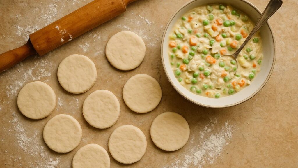Rolling out dough and spooning chicken pot pie filling for mini muffin tin pies.