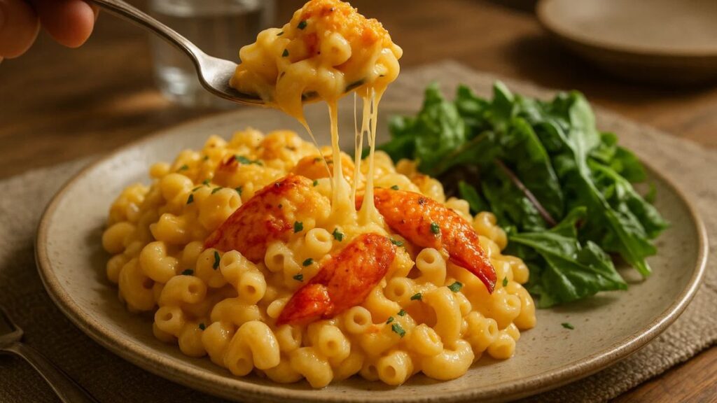 “Served portion of Costco Lobster Mac and Cheese with lobster chunks and green salad on the side.”