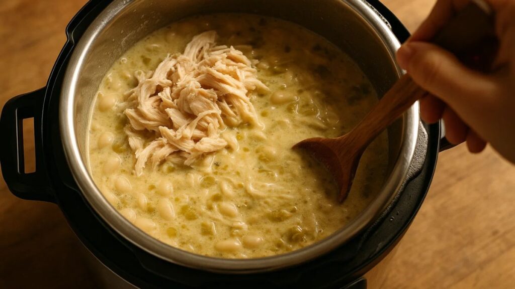 “Shredded chicken mixing into creamy white bean chili inside an Instant Pot.”