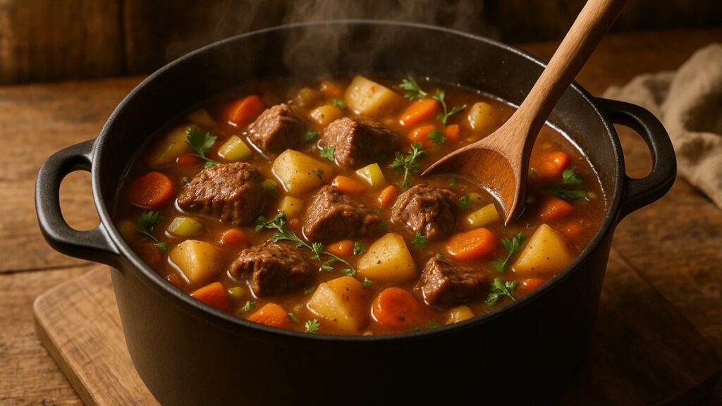Simmering beef stew with layered vegetables and herbs in a rustic pot