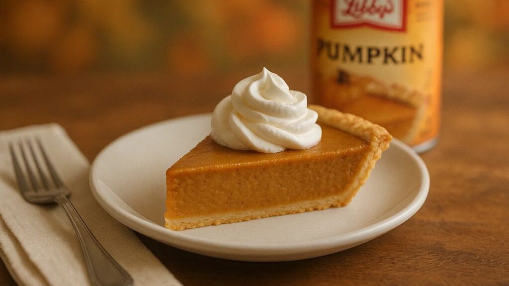 “Slice of Libby’s pumpkin pie with whipped cream on a plate, autumn-inspired cozy kitchen background.”